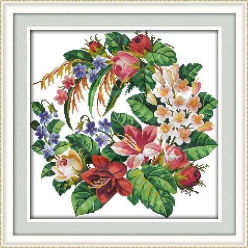 Wreath (3) cross stitch kit flowers DMC color thread 14ct 11ct count print canvas stitches embroidery handmade
