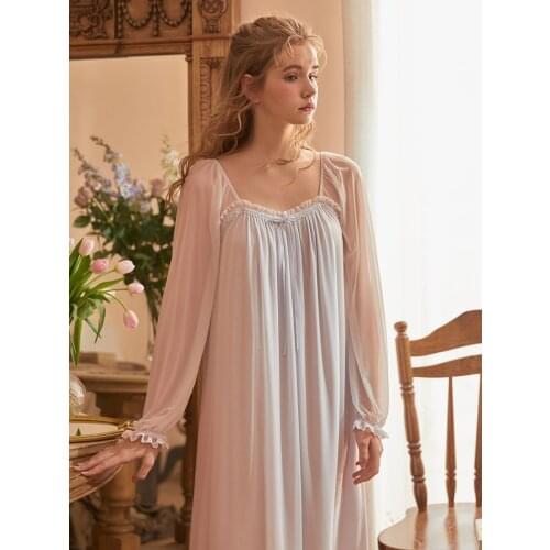 Vintage Royal Delicate Womens Long Sleepwear Long Sleeve Elegant Generous Princess Gauze Modal Loose Nightgowns Holiday Dress