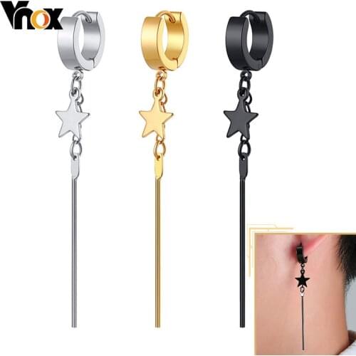 Vnox Star Dangle Earrings for Men Women,Small Hoop with Bar Drop,Stainless Steel Punk Gothic Ear Jewelry