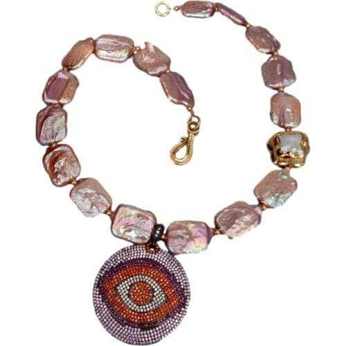 Y.YING Natural Purple Keshi Pearl Rectangle Shape Necklace Cz Pave Evil Eye Pendant 18"