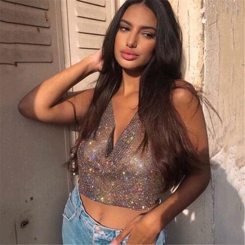 Shiny Diamonds Crystal AB Halter Camis Top Sexy Low-cut Deep V Backless Metal Cahin Bustier Tops Women Night Clubwear Party