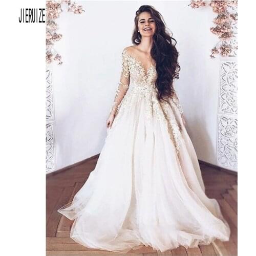 JIERUIZE Sheer Neck Wedding Dresses Long Sleeve Lace Applique Robe de mariée A-Line Bride Bridal Dress Tull Robe De Soiree