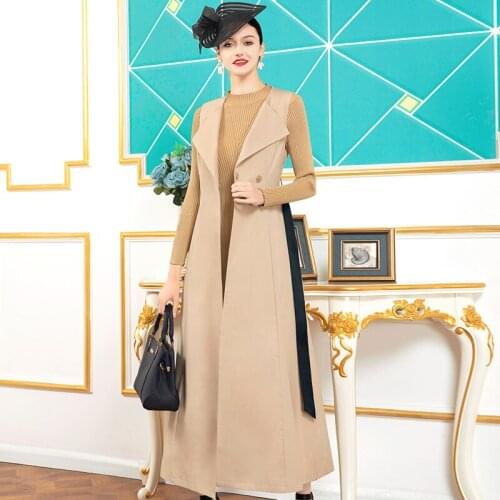 2021 Office Lady Outerwear & Coats Women Khaki Long Vest Coat Europen Style Sleeveless Jacket Button Outwear Casual Top DZ2788