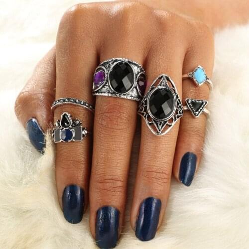 6PCS Ethnic Vintage Knuckle Rings For Women Fashion Jewelry Tibetan Turkish Black Stone Midi Rings Set Yuzuk