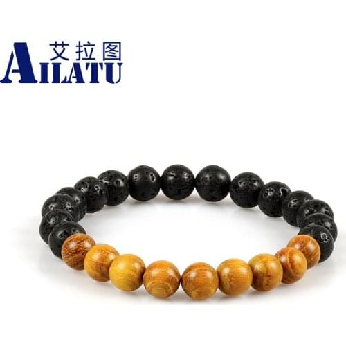 Ailatu Classic Style 8mm Grain Stone Beads with Black Lava Stone Beads Lovers' Gifts Bracelets