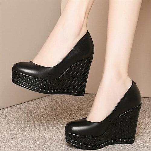 2020 Women Genuine Leather Wedges High Heel Ankle Boots Female Round Toe Platform Pumps Shoes Slip On Low Top Mary Jane Shoes
