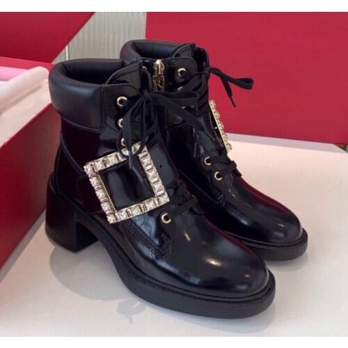 Kmeioo winter ankle boots for woman round toe chunky heels with jewel buckle heel boot shoes zipper block heels for womans 7cm