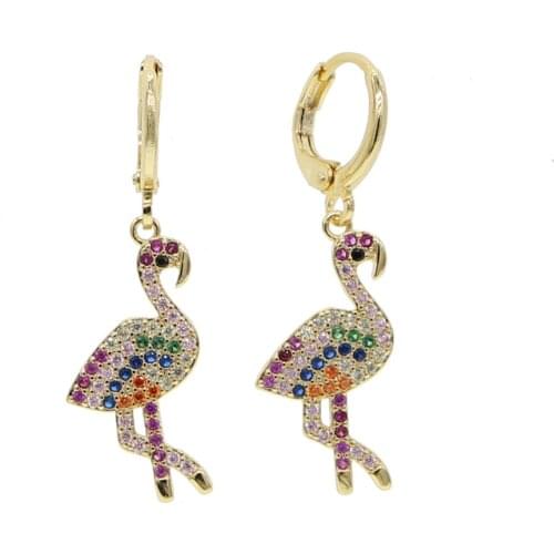 Classic trendy Luxury stunning Women fashion Jewelry Gold Filled colorful rainbow cz paved Beautiful cute flamingo drop earrings