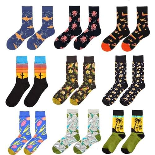 Men Socks Street Fashion Cartoon Crocodile Octopus Doves Zebra Stripes Geometric Puzzle Stitching Happy Male Funny Skate Socks