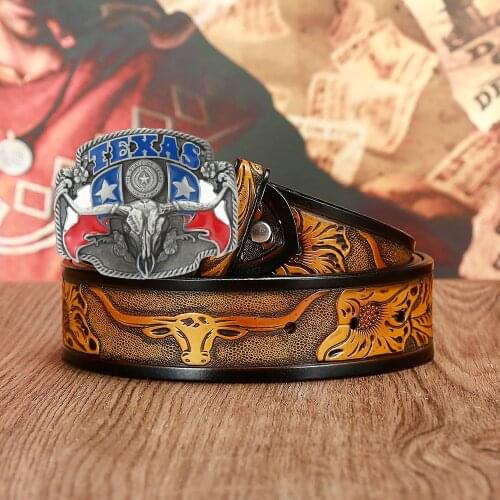 Western cowboy mens leather retro belt domineering bull head buckle leather belt pattern retro leather belt