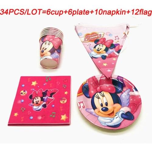 Birthday Party Decorations Kids Minnie Mouse Disposable Tableware Birthday Set Minnie Mouse Party Cups Plates Flags Napkin Table