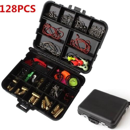 128pcs 20 Types Rock Fishing Lures Sets Bullet Sinker Hooks Fishing Wire Hook Keeper Line Holder with Accessories Tackle Box