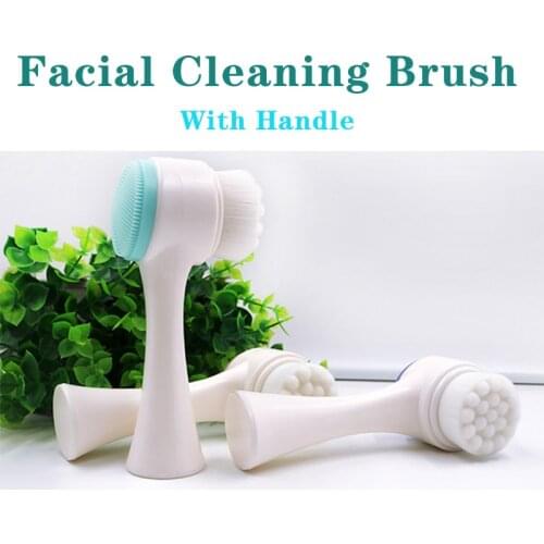 New Listing Portable 2in1 Double Sides Fiber Bristle Silicone Face Brushes Vibration Facial Massage Cleansing Brush with Handle