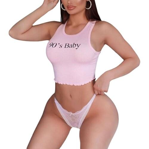 Summer New Womens Rib Knit Tank Tops Cute Letter Print Sleeveless U Neck Elastic waist Slim Fit Sporty Crop Tops