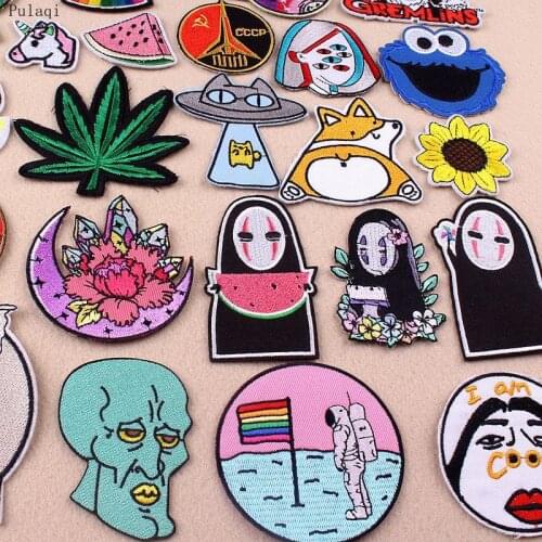 Pulaqi No Face Man Patches For Clothing Crystal Flow Embroidered Patches Stripe On Clothes Cartoon Patch For Jacket Accessories