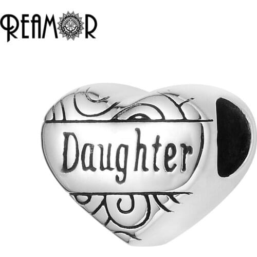 Reamor On Sale 316l Stainless Steel Text Daughter Bead Polished Love Heart European Charms Metal Beads For Girl Jewelry Making