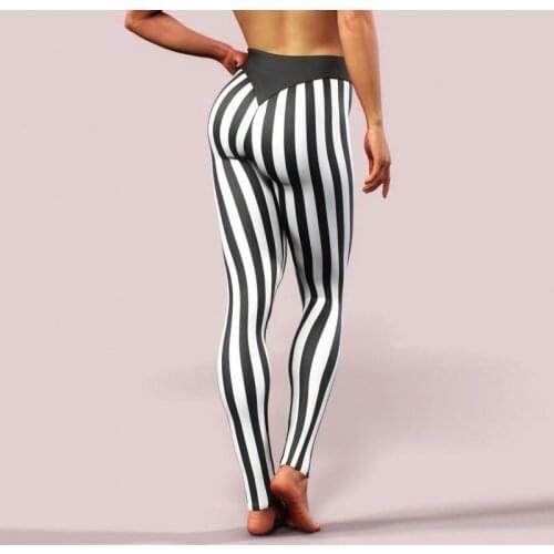SALSPOR Sexy Women Leggings Stretch Black and White Striped Seamless High Waist Tight Leggings Workout Pants