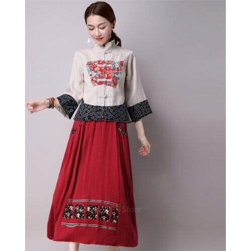 Chinese Traditional Costume Women Classic New Year Embroidery Tang Suit Qipao Top Hanfu Linen Ethnic Vintage Party Dance Wear