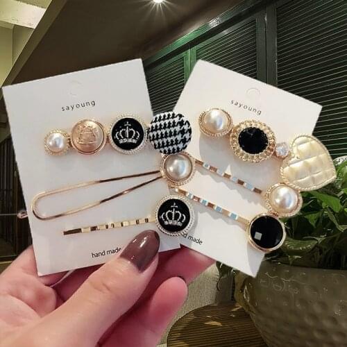 Vintage Houndstooth Button Grid Hairclip Gold Hair Clips Crown Heart Pearl Hair Pin For Women Fashion Hair Accessories Barrettes