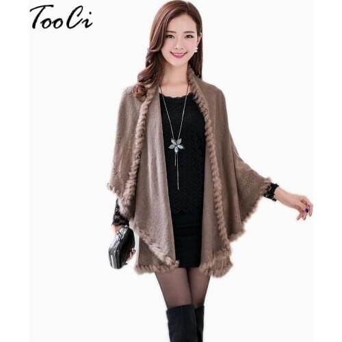 New Fashion Spring Rabbit Fur Collar Cashmere Cardigan Shawl Women Khaki Knitted Fur & Faux Fur Poncho Coat Outerwear