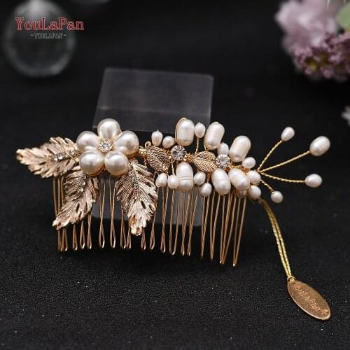 YouLaPan Golden Women Hair Combs Bridal Hair Accessories Pearl Rhinestone Wedding Hair Comb Leaves Head Ornaments Headband HP17