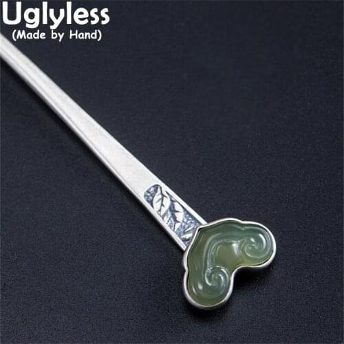 Uglyless Abstract Heart-shape Natural Jade Hair Jewelry for Women China Chic RUYI Thai Silver Hair Sticks 925 Silver Hair Bijoux