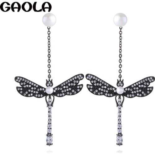 GAOLA Hot Sale Classic Imitation Pearl Dragonfly Long Dangle Earrings Feather Earring For Women GLE9072