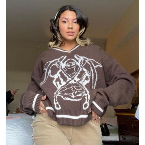 Women Autumn Sweaters Fashion Women Girls Monster Pattern Knitted Top Knitwear Casual Long Sleeve Loose Pullovers Sweaters