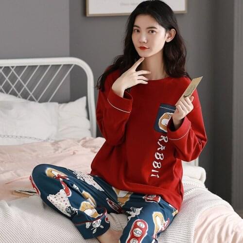 Womens Spring Autumn Leisure Pajamas Suits 2PCs 100% Cotton Plus Size Contracted Natural Homewear Breathe Freely пижама женская