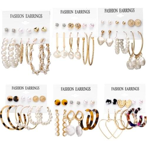 IF YOU Fashion Pearl Acrylic Crystal Metal Mixed Stud Earrings Set For Women Girl Round Vintage Earrings Jewelry Gift 2019 New