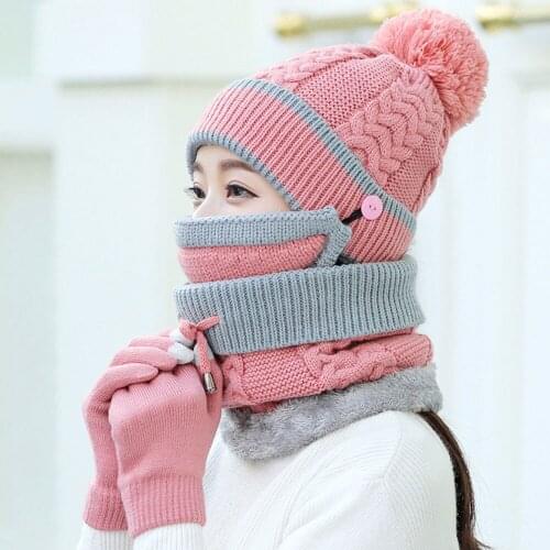 Winter knitted Beanies Hats Women Thick Warm Beanie Hat Scarf Mask Gloves Set Cotton Girls Boys 4pcs Clothing Accessories Suit