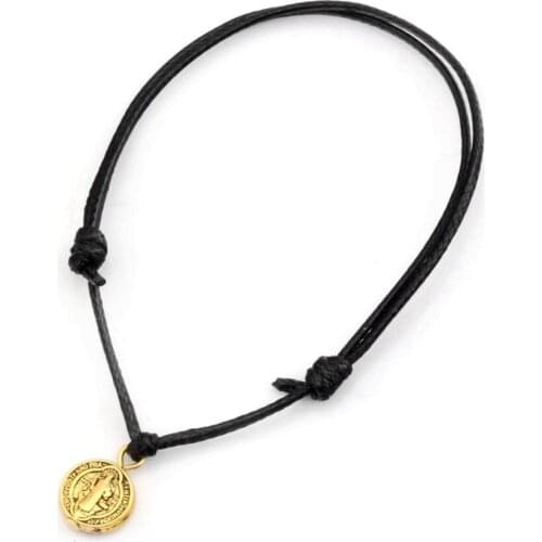 20 Pcs Ancient gold Alloy Tone Saint Benedict Round Medal Charms Black Wax Rope Good Luck Adjustable Bracelets B-46