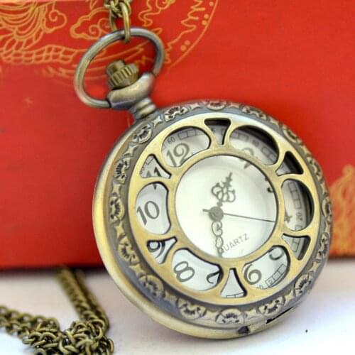 9013 Large bronze quartz pocket watch Large creative design openwork petals pocket watch necklace 9013