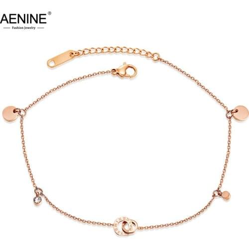AENINE Titanium Steel Bohemia Beach Chain & Link Anklets For Women Girls Trendy CZ Crystal Roman Numerals Charm Anklet AA19044
