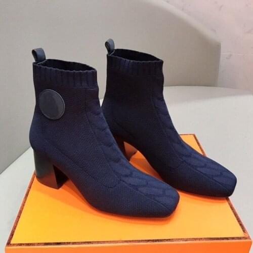 Botas de tecido elástico marca de moda das mulheres sapatos de tricô botas de tornozelo de luxo curto