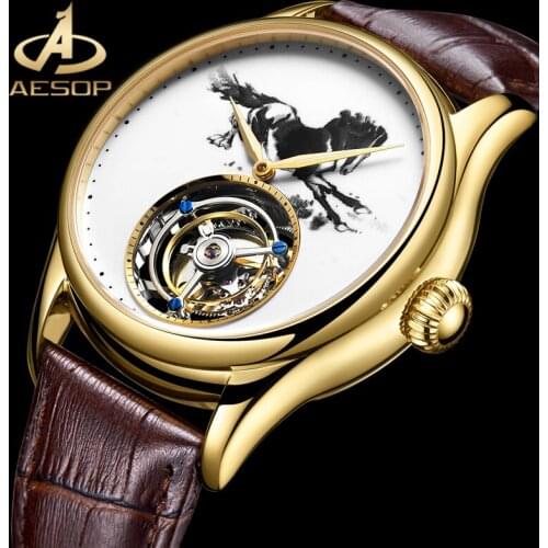 AESOP Men Real Tourbillon Mechanical Watch Double-Sided Sapphire Glass Watch Ink Painting Horse Dial Men Clock