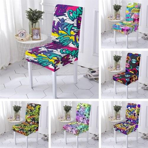 Graffiti Chair Cover Home Stretch Elastic Chair Covers Dining Universal Size Seat Cover Chair Protector for Kitchen 1/2/4/6 PCS