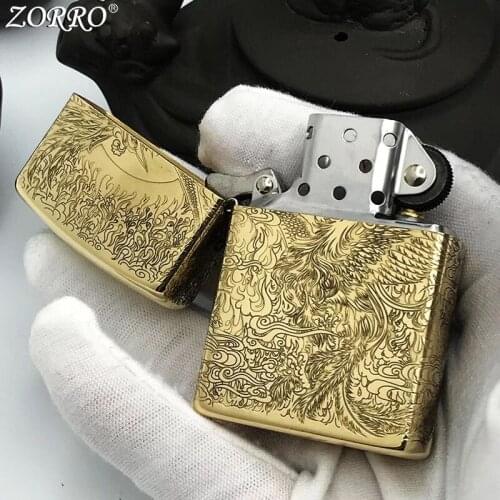 Zorro Kerosene Lighter Pure Copper Shell Brass Carving Classic Be Reborn Pattern Men Gift Collection Outside Ignition Tool