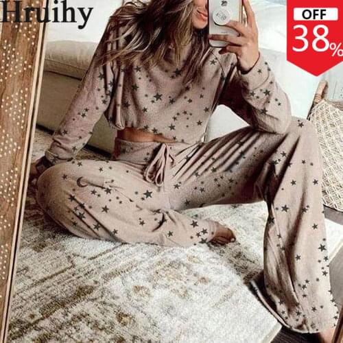 Two Piece Set Women Fashion Casual Drawstring Two Piece Outfits for Women Printing Long-sleeved Home Service Suit Pajamas