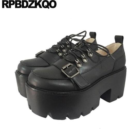 Round Toe Lolita Harajuku Lace Up Oxford Heels Gothic Shoes Strap Women Platform 3 Inch Japanese Creepers Punk High Block Pumps