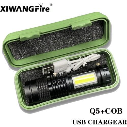 Mini LED Flashlight COB+Q5 USB Rechargeable Lamp Work Light Built-in Battery Fishing Torch Adjustable Penlight Waterproof