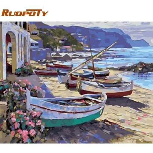 RUOPOTY Frame Picture Boats Diy Painting By Numbers Seaside Coloring By Numbers Acrylic Canvas Painting Handpainted Drawing Art