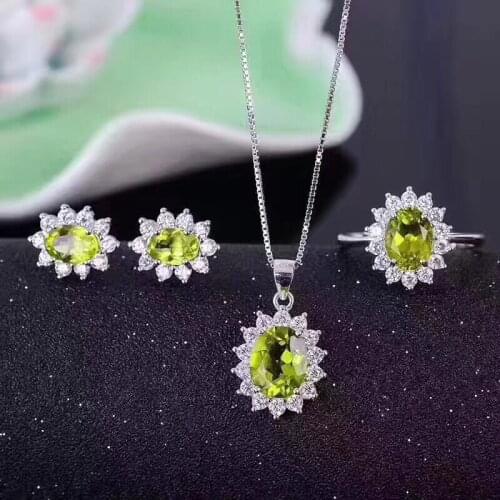 Natural peridot s925 sterling silver earrings ring Pendant diana jewelry sets natural lemon gemstone fine jewelry women