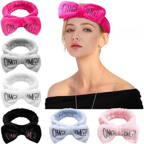 Wholesale OMG Letter Coral Fleece Bow Hairbands For Women Face Washing Hair Accessories For Girls Headband Head Wear Hair Turban