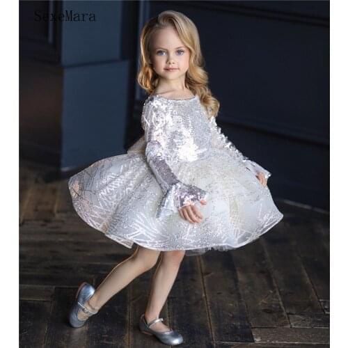 White Long Sleeve Girls Dress Sequins Tulle Knee Length Flower Girl Dress Infant Girl Birthday Dress Party Gown