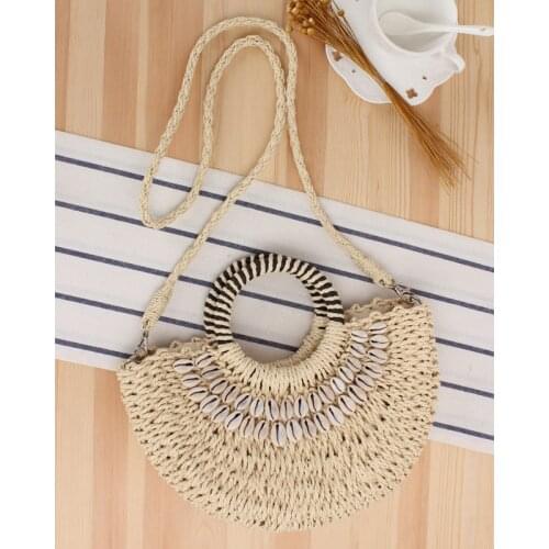 Simple Style Semi Circle Hand Holding Straw Bag Hand Sewing Natural Shell Holiday Woven Bag Holiday Womens Bag Summer Fashion