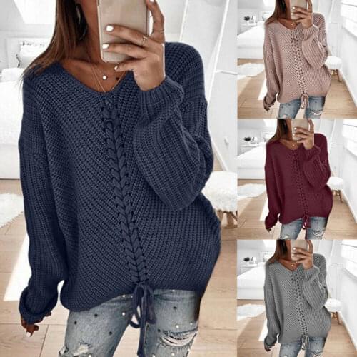 Damen Langarm Pulli V-Neck Strick Pullover Strickpullover Sweatshirt Casual Top