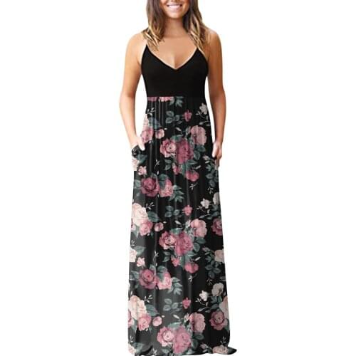 Spaghetti Strap Sundress Floor-length Floral Printing Beach Long Loose Dress A-line V-neck Female Vestidos De Mujer Casual