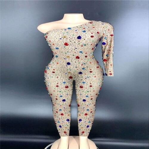 V61 Sexy women wears one-shoulder diamonds jumpsuit stretched female dance costumes crystal outfit drill siamese party bodysuit