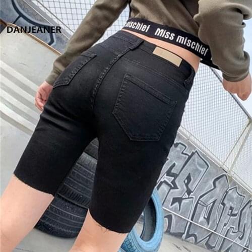 DANJEANER Knee Length Denim Shorts Women Push Up Elastic High Waist Biker Shorts Jean Shorts Women Summer 2019 Black Streetwear